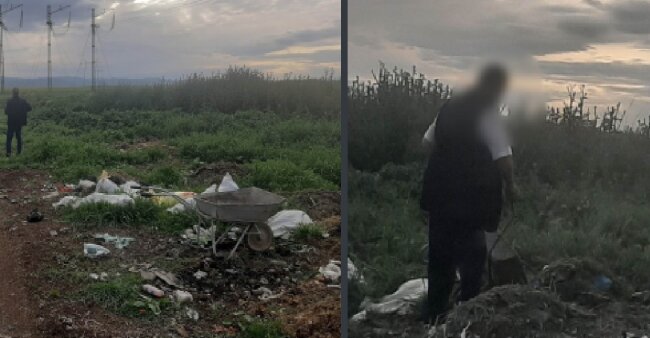 Житель Джизака, при помощи тележки, вывозил из дома строительный мусор и сбрасывал его в поле