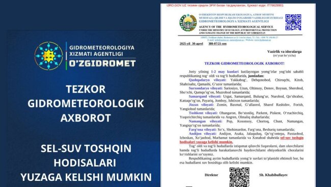 Узгидромет опубликовал экстренное сообщение о погоде на 1-2 мая