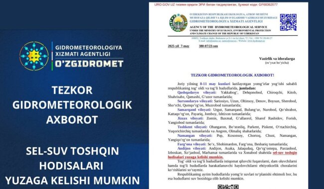 С 8 по 11 мая по Узбекистану ожидаются сильные ливневые дожди, которые могут стать причиной схода селей