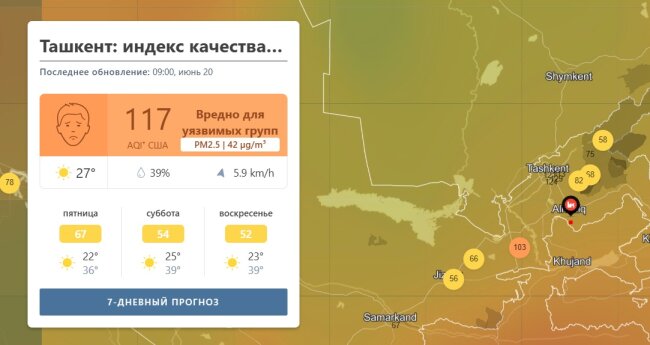 20 июня Ташкент вошёл в ТОП-10 стран с самым загрязнённым воздухом