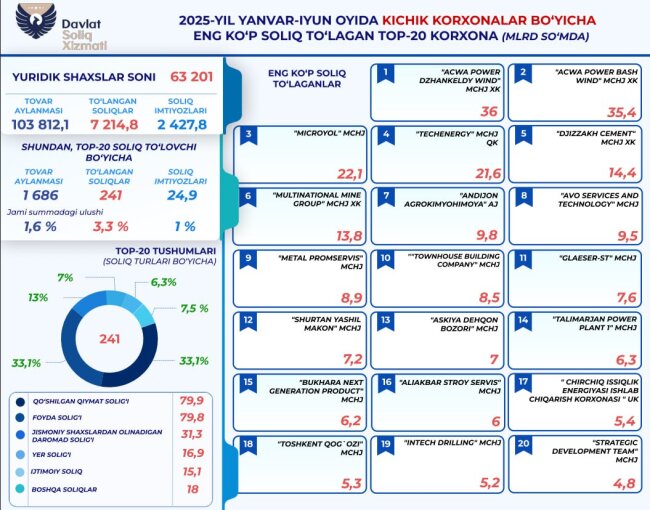 Сколько налогов уплатили малые предприятия в Узбекистане за первое полугодие 2025 года?