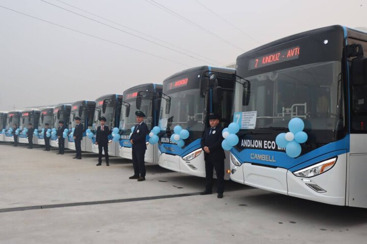 40 электробусов «CAMBELL» начали курсировать по Андижану